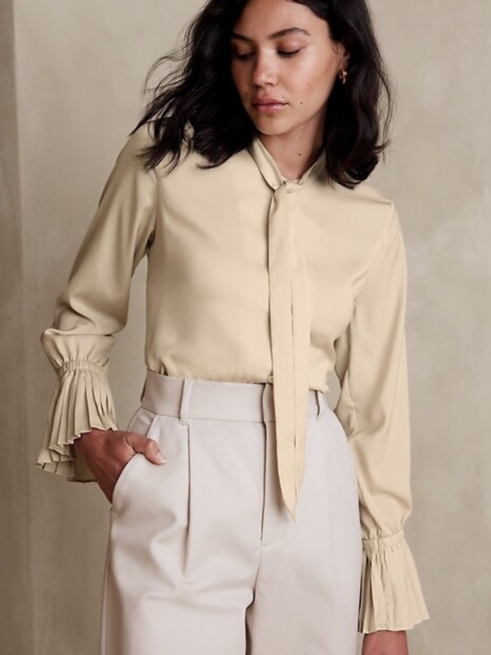 Banana Republic Cream Tie-Neck Blouse with Pleated Cuffs